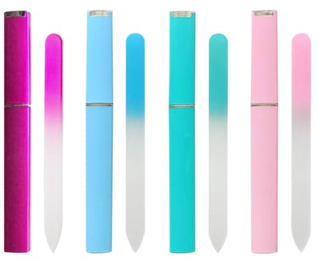 4 Pcs Colourful Glass Nail File Professional Crystal Fingernail File Gradient Colour Nail Files Double Sided Nail Buffer Finger Nail Polishing File with Storage Case for Home Salon