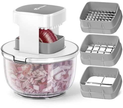 KEOUKE Multifunctional Vegetable Chopper Bowl White - 3 Interchangeable Blades Potato French Fry Cutter with Container & Storage Box Food Chopper Dicer for Cucumber, Tomato, Carrot, Onion