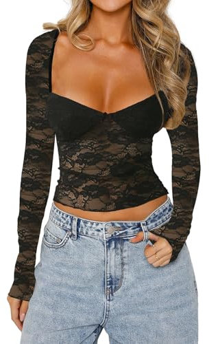 Geagodelia Damen Spitze Oberteil Sexy Mesh Top Elegant Transparent Langarmshirt Y2k Fashion Aesthetic Clothes Streetwear Clubwear Sommer Outfit (B - Schwarz, S)