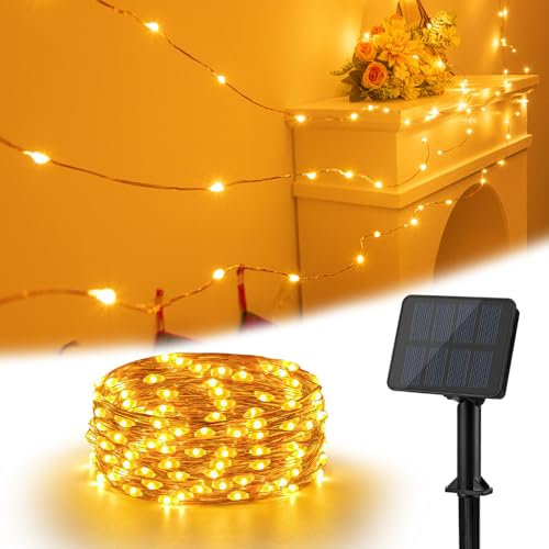 Solar String Lights Outdoor, Isisyu 6M/20Ft 60 LED Solar Lights Outdoor Garden Waterproof, 8 Modes Copper Wire Decorative Outside Light for Garden Patio Yard Balcony Party Wedding Christmas Warm White