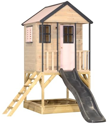 Wendi Toys casetta da giardino per bambini con scivolo, 280×197×242 cm casetta di legno FSC con scivolo per bambini da giardino con sabbiera, scala, resistente, Rosa/Grigio - M48PPG