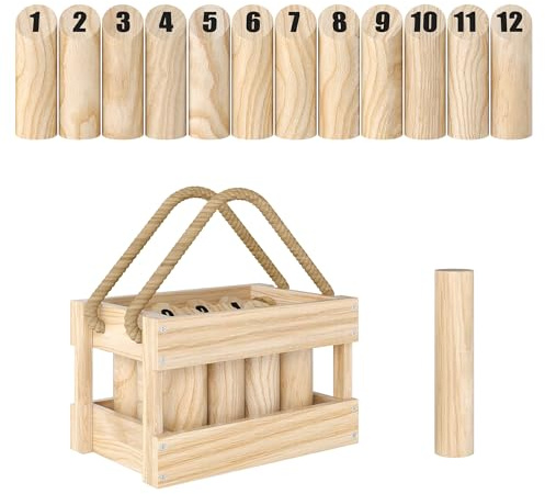 SPORTNOW Mölkky Gioco di lancio in legno Kubb gioco vichingo con 12 skittles, 1 piano, per famiglia, gruppi di giardino, picnic, spiaggia, tempo libero
