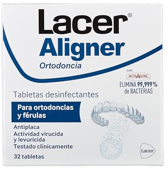 LACER ALIGNER - Tabletas Limpiadoras Desinfectante para Alineadores y Férulas, 32 unidades, Elimina el 99,99% de Bacterias, Acción Antiplaca, Limpieza Profunda y Segura Sin Manchas, Sabor Menta
