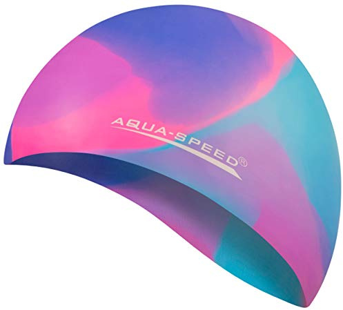 Aqua Speed BUNT wasserdichte Badekappe + Kleines Mikrofaserhandtuch | Damen & Herren | Sport Bademütze | Schwimmen Badehaube | Schwimmhaube für Erwachsene Kinder | Silikon | 48. Bunt / 45