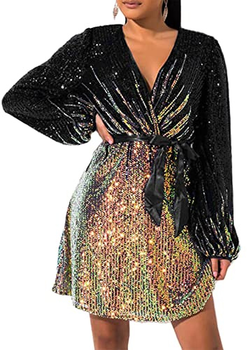 828 - Plus Size Long Sleeves Wrapped V Neck Sequins Skater Style Cocktail Evening Club Dress (Black Gold, L)