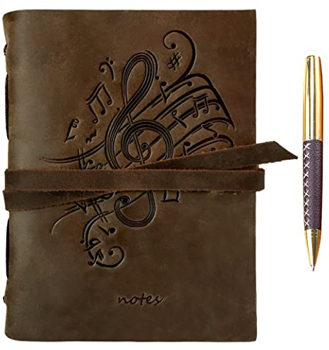 Leather Bound Journal for Men and Women, Handmade Gift Set with Music Notes Embossed Journal and Stylish Pen, Vintage and Classic, Notebook, Sketchbook, Planner and Diary (300 Pages) (8x6)