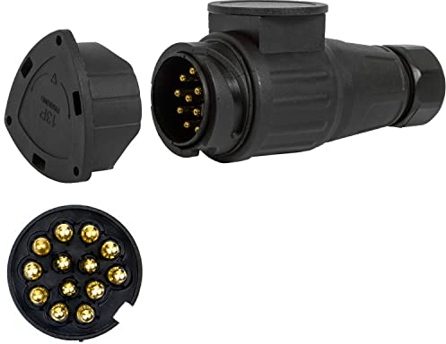 13 poliger Anhänger Stecker, Set mit Parking Cover, 13 pol Stecker nach ISO 11446 genormt, AHK Verbinder für 12 V Systeme, 13 Pin Hängerstecker, 13pol Stecker für 13 pol Steckdose, 7-13pin Adapter