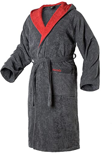 Mount Swiss Bademantel Damen Herren ARBON mit Kapuze aus edler Baumwolle I Morgenmantel flauschig I Frottee Farbe: anthrazit-rot, Grösse: XXL