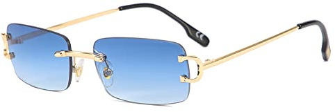 kachawoo Kleine Retro-Sonnenbrille, rechteckig, randlos, Vintage, männlich, weiblich, Sonnenbrille, UV400, rahmenlose Geburtstagsgeschenke für Mädchen (gold with blue)