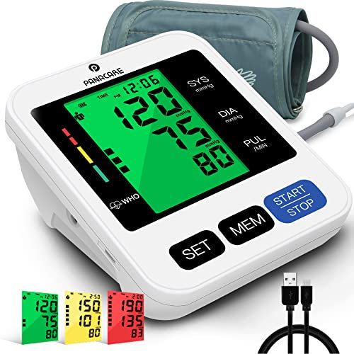 PANACARE Tensiomètre Bras Electronique, Tensiomètre Automatique Bras avec Rétroéclairage 3 couleurs/Lecture sonore/Manchette de 22-42cm/ 2 Users, Tensiomètre Professionnel Bras