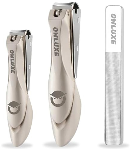 Heavy Duty Nail Clippers Set 3 with Catcher, Wide Jaw Ultra Sharp Edge Fingernail & Toenail Clippers for Thick Nails, Includes Nail Files, Complete Nail Kit by Owluxe in Gift Box for Men and Women