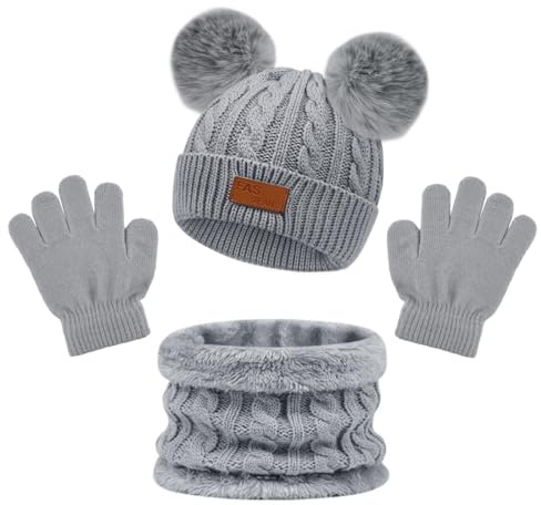 3 Pcs Niños Invierno Cálido Beanie Gorro Bufanda Guantes Set, Caliente de punto engrosada Gorro Bufanda Guantes Set para 1-5 Años Niños y Niñas