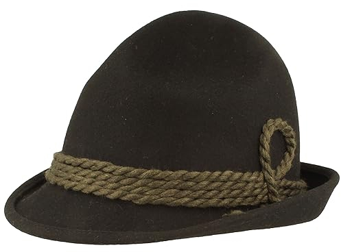 Breiter Original Herren Trachtenhut Filzhut Wanderhut Spitzkopf 100% Wolle, schmaler Krempe & Wollkordel Schwarz 55