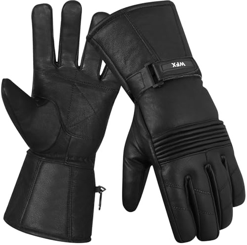 WFX Guantes de Moto de Invierno a Prueba de Viento, Cierre de Muñeca con Gancho y Bucle, Guantes de Cuero para Hombre, Acolchado, térmico, calefactado, Negro, Talla S