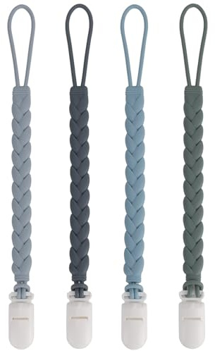 Stylish Silicone Pacifier Clips 4-Pack for Baby Boys and Girls, Woven Rope Flexible Design, Rust-Free Holders for Teething Relief and Baby Essentials, Safe for Newborns (Grey)