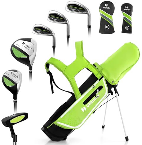 GYMAX Komplettes Golfschläger Set, Komplettsatz mit Golftasche & Regenhaube, inkl. 1 Driver, 5er Hybrid mit Schlägerhauben, 7er-, 9er-, S-Eisen & Putter, Golf Set für Kinder 11–13 Jahren(Grün)