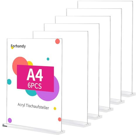Forhandy 6 Stück Tischaufsteller A4, Acryl Werbeaufsteller Transparent T-Ständer mit Halterung Doppelseitiges Din A4 Aufsteller Preisschilder Display Ständer Postkartenständer Menükartenhalter