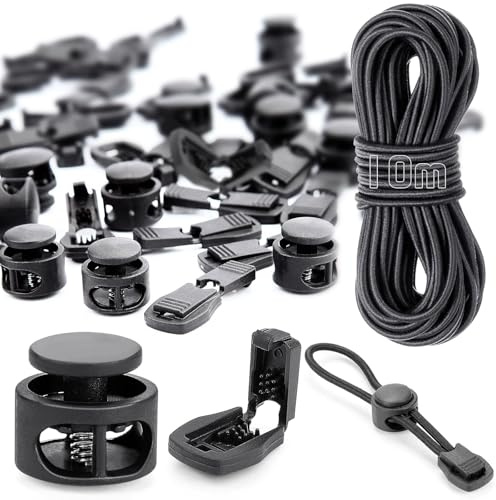 Cordón de goma elástico de 10 m de 3 mm, cuerda redonda con 40 topes, 20 topes, 2 agujeros, color negro, para mochila y ropa