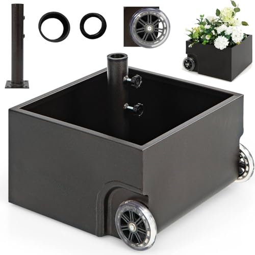 TANGZON 77kg Garden Parasol Base with Wheels, 39/48mm Wheeled Steel Patio Market Umbrella Stand with Fillable Design, Drainage Hole, Outdoor Rolling Umbrella Weight Flower Planter Box