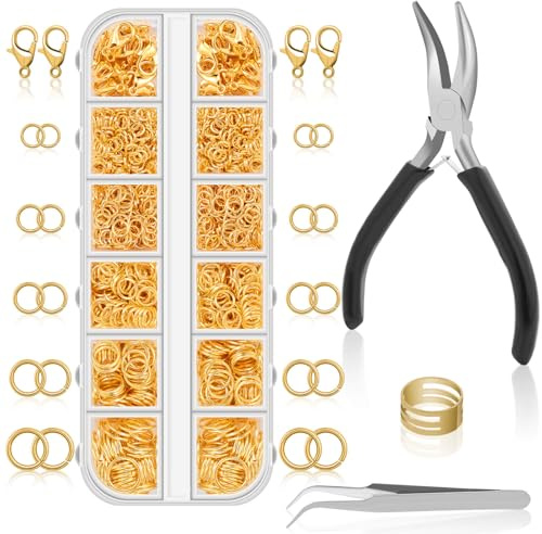 Anezus 1200PCS Jump Rings for Jewelry Making Kit, Jump Rings and Necklace Clasps with Jump Ring Pliers Tools for Jewelry Making Supplies and Necklace Repair (Gold)