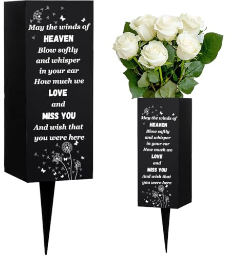 WEBEEDY Cemetery Vases Metal Memorial Vases for Graves with Spike Butterfly Dandelion Pattern Black Grave Flower Holder Grave Decoration for Cemetery Loved Ones Funeral Happy Heavenly Birthday,8x20 cm