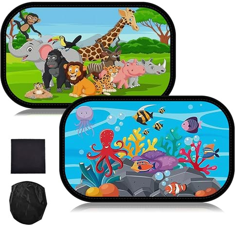 FINEVERNEK Parasol Coche Bebé Lateral, 2 Unidades Parasol de Bebé, Protección UV, Parasol Coche Infantil, para Proteger del Sol a Bebés y Mascotas, 50 x 30cm con 8 Ventosas y Simpático Animal