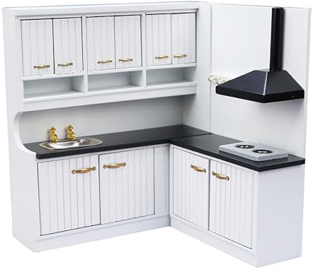 Gxsterd Dollhouse Kicthen Cabinet Set with Sink Cabine,Cooktop,Range Hood 1/12 Miniature Doll House Kitchen Furniture and Accessories Set