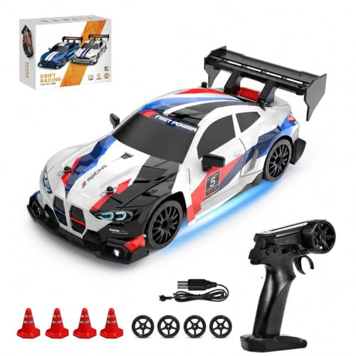 Siereolly Drift bil 1:24 Fjärrstyrd 20 km/h 4WD 2,4 GHz Mini RC-bil med två batterier och LED-belysning för barn