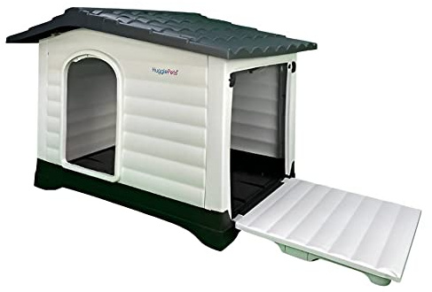 HugglePets Plastic Dog Kennel With Ramp Door - Easy Clean Pet House Outdoor Weatherproof Animal Shelter (Grey Roof)