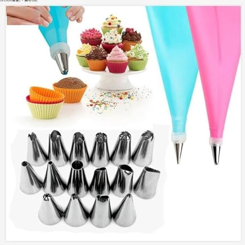 16 pezzi/set di 16 decorazioni per torte con ugello in acciaio, set da 12 ugelli in acciaio+2 sacchetti riutilizzabili per tubazioni e 2 adattatori di accoppiamento.