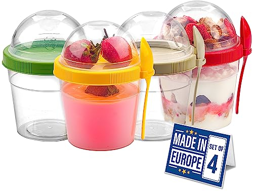 Crystalia Reusable Yogurt Pot Set of 4, 500ml each, 100% BPA Free Cereal Travel Container, Breakfast Pots to Go, Dishwasher Safe, Porridge Container Screw Lids, Granola Overnight Oats Pot, Multicolor