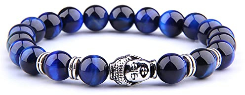 8 mm kungligt blått tigeröga armband män silverfärg Buddha-huvud berlock armband kvinnor amulett vinatge gul sten pärlor pulsera, lapis blå tiger-2,19 cm