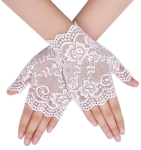 TeeYee Women's Short Lace Half Finger Lace Sunscreen Gloves Open Finger Etiquette Wedding Decoration Gloves 120white