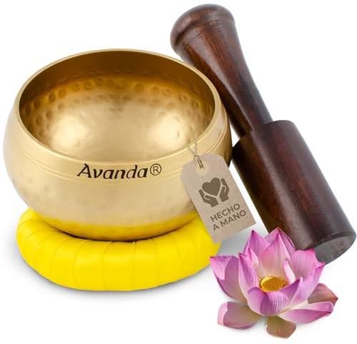 Tibetan singing bowl set for yoga, meditation and relaxation - hammered Tibetan singing bowl Ø 10 cm (4 in), mango wood mallet and ring cushion, yellow