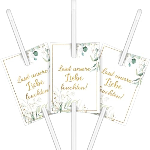 Otuuz 50 Sets Knicklichter Hochzeit Schilder Lasst Unsere Liebe Leuchten Schilder mit Eukalyptus Muster Leuchtstäbe Schilder Hochzeit Knicklichter für Hochzeitsdeko Verlobung Jahrestag Partyzubehör