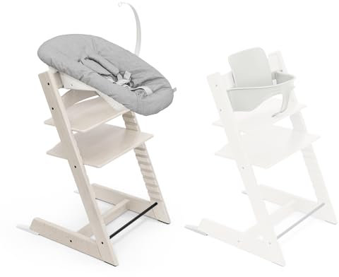 Trona Tripp Trapp de Stokke, Whitewash/White (Incluye Silla + Baby Set 2) con Newborn Set - Diseño Seguro, Ajustable y Ergonómico