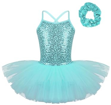 Oyolan Vestido de Danza Ballet Niña Princesa Vestido Tutu Lentejuelas Espalda Cruzada Traje Ropa de Baile Maillot Monos de Danza Clásica Traje de Bailarina Turquesa G 6-7 años