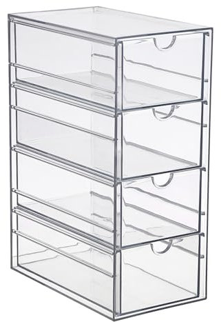 SUMTree Boîte de rangement transparente en acrylique pour accessoiresde coiffure avec 4 tiroirs, organisateur de tiroir pour la salle de bain, le placard, l’armoire, le bureau, 25×17×10cm