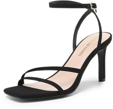 DREAM PAIRS Sandalias de tacón alto con punta abierta para mujer, tacones de aguja, correa de tobillo, tacones cuadrados, sexy, cómodas, con tiras, para vestido, zapatos de fiesta y boda, Negro, cuero