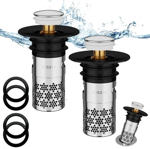 2 stycken Pop-Up Sink Plug, universal popup proppar tvättställ, rostfritt stål Tvättställsproppar, Dräneringsplugg, handfatsproppar, Nätpåse med filterkorg, för Badrumshandfat, badkar(34–40 mm)-Svart.