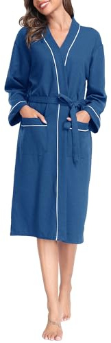 Vlazom Waffle Dressing Gowns Unisex Kimono Robe Cotton Lightweight Bathrobe for All Seasons Spa Hotel Sleepwear, Cobalt Blue, XXL