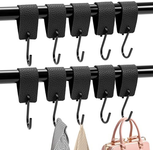 Bafiwu S Haken Schwarz, 10 Stück S Haken Mit Lederschlaufe, Haken für Kleiderstange Fensterhaken zum Einhängen Garderobenhaken Hosenhaken für Küche, Schrankaufhängung, Bad Schlafzimmer, Wohnzimmer