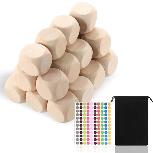 50 Pz Dadi in Legno non Verniciati, 20mm Cubi di Legno Vuoti Fai Da Te, Dadi Vuoti a 6 Facce in Legnos per Puzzle Artigianato Insegnamento Apprendimento, con Borsa con Coulisse e Adesivo a Pois