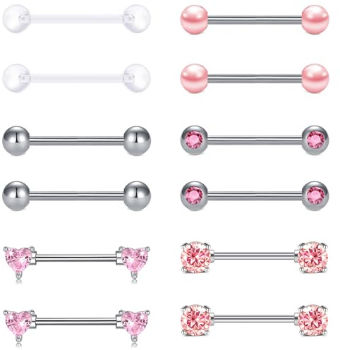 AVYRING 6 par bröstvårtspiercing stavar 14G – rostfritt stål barbell med hjärta och CZ-stenar 16 mm