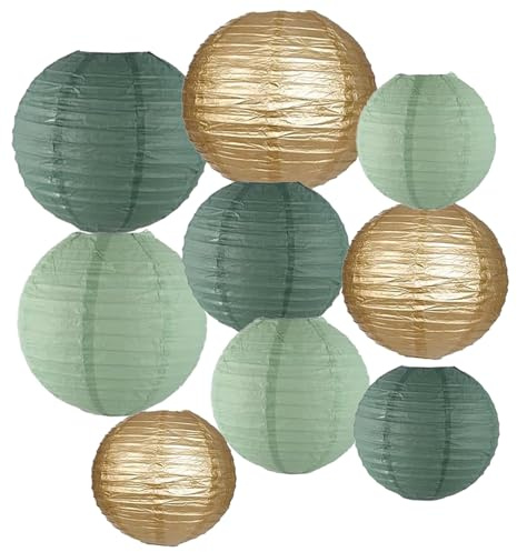 Ainmto Paper Lanterns Decorations,Paper Hanging Decorations Ball Lanterns Lamps for Birthday Party Parties, Bridal Showers, Baby Showers, Wedding（9 Pcs,6 in/8 in/10 in,Green and Gold）