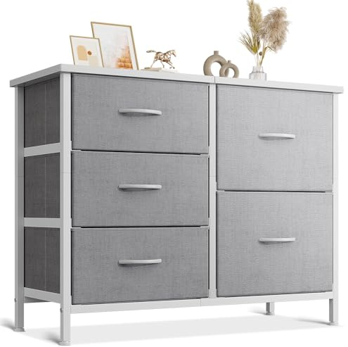 Coleshome Small Chest of Drawers Bedroom with 5 Fabric Drawers, Light Gray