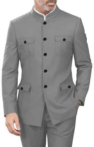 CYANDUSTY 2 Piece Men's Chinese Tunic Suits Mandarin Collar Safari Suit for Men Formal Jacket Slim Fit Gold Button Blazer Groom Wedding L