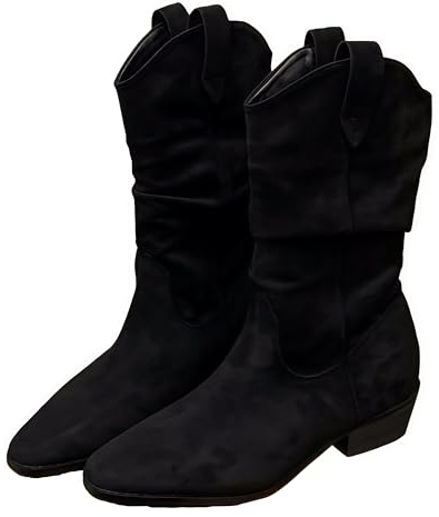 QIXUJAK Bottes mi-mollet pour femmes Bottes mi-hautes en daim Bottes d'équitation basses Chaussures d'hiver (Noir,38)