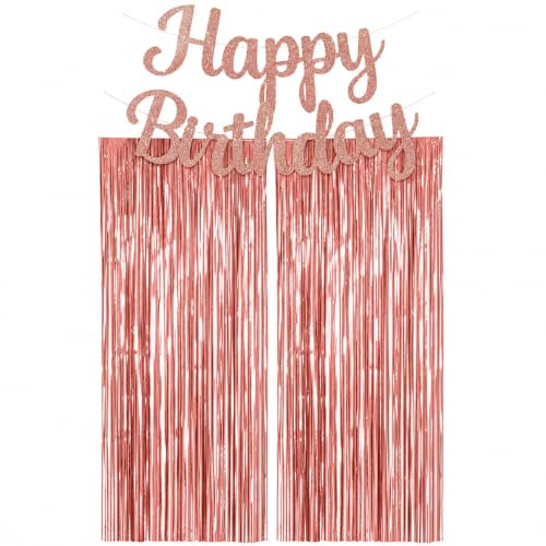 DLPRK 2 Pezzi Tenda Lametta Rosegold e 1 Festone Buon Compleanno Metallic con Effetto Glitter Ideale per Decorazioni di Compleanno e Feste – Sfondo Brillante per Foto