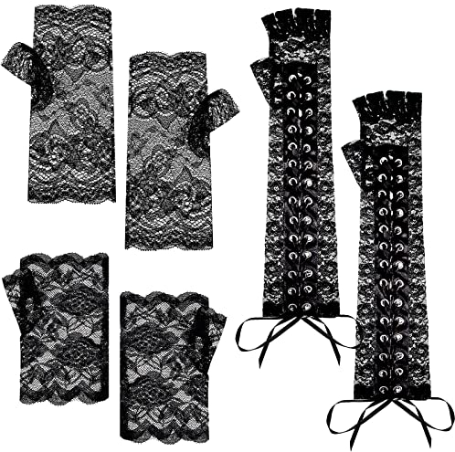 SATINIOR 3 Paar Damen Spitzen Fingerlose Handschuhe Kurze Spitzenhandschuhe Ellbogen Schnüren Steampunk Handschuhe für Halloween Cosplay Party